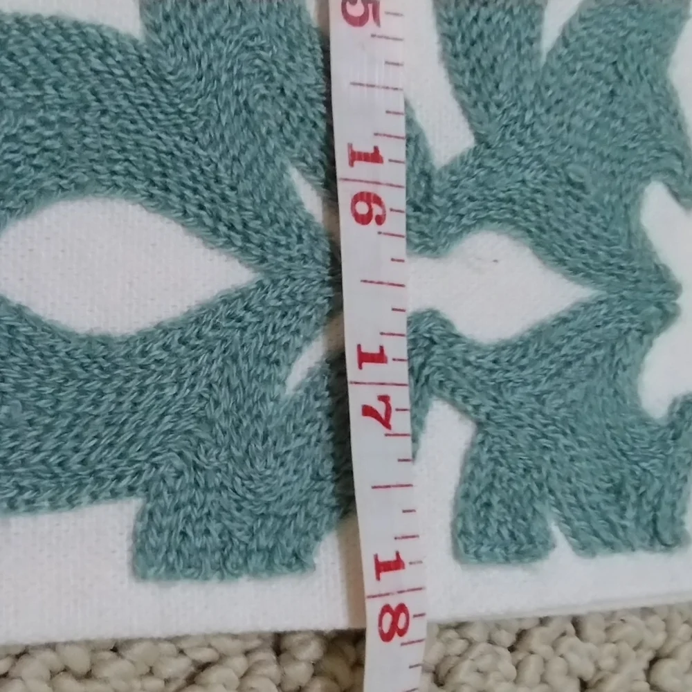 Stitched Teal and Gold on Woven Cream Cotton Fabric Throw Pillow Cover  (18 in)